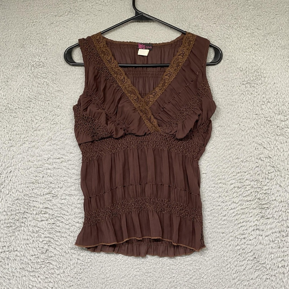 Y2K Fairy Grunge Babydoll Top Womens Small Lace Ruffle Sequin Romantic Smocked